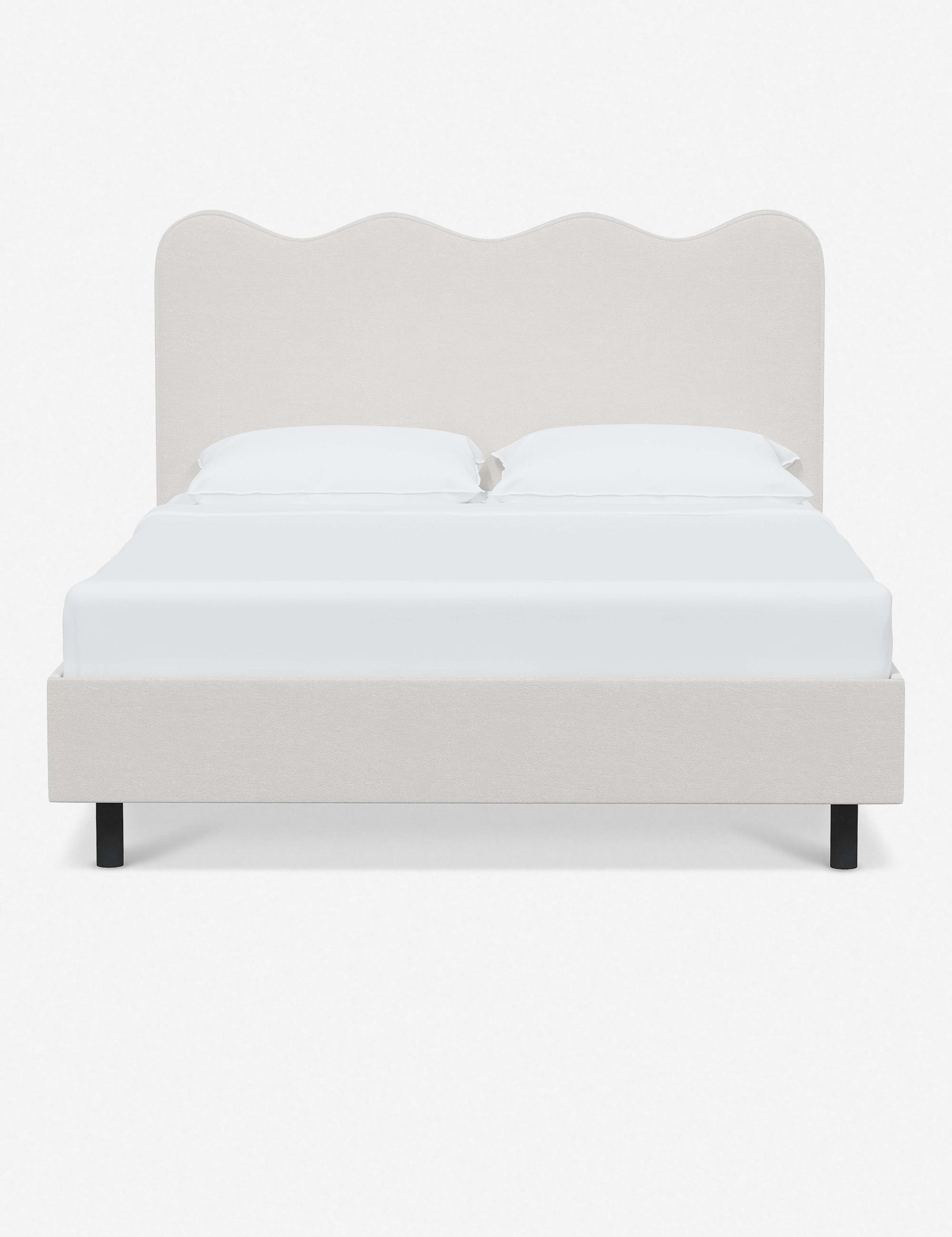 #color::snow-velvet #size::twin #size::full #size::queen #size::king #size::cal-king | Clementine snow velvet platform bed with undulating lined headboard