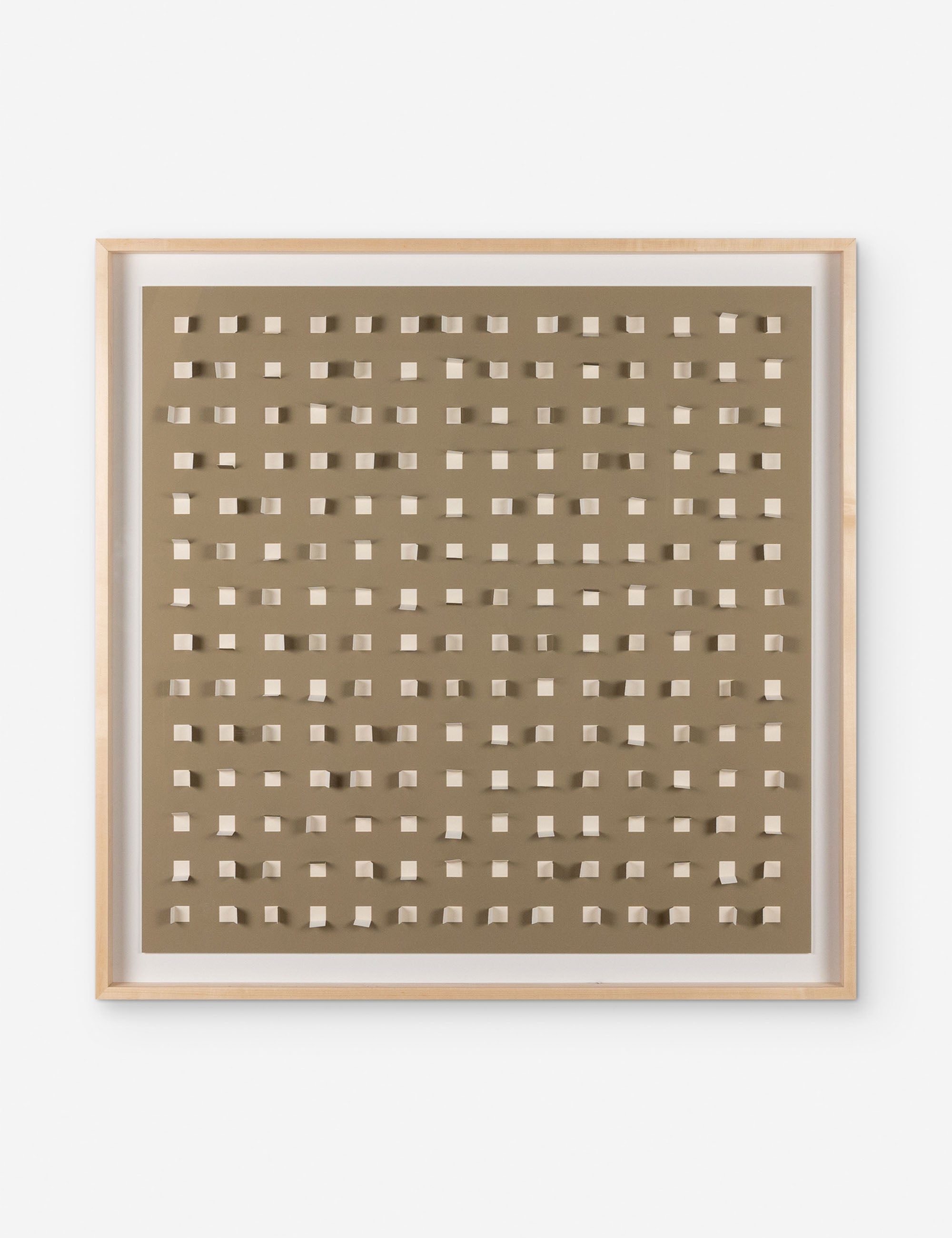 #color::taupe-and-sand #size::48--x-48- | See Through taupe and sand wall art featuring square paper cutouts with flaps on a linen backdrop