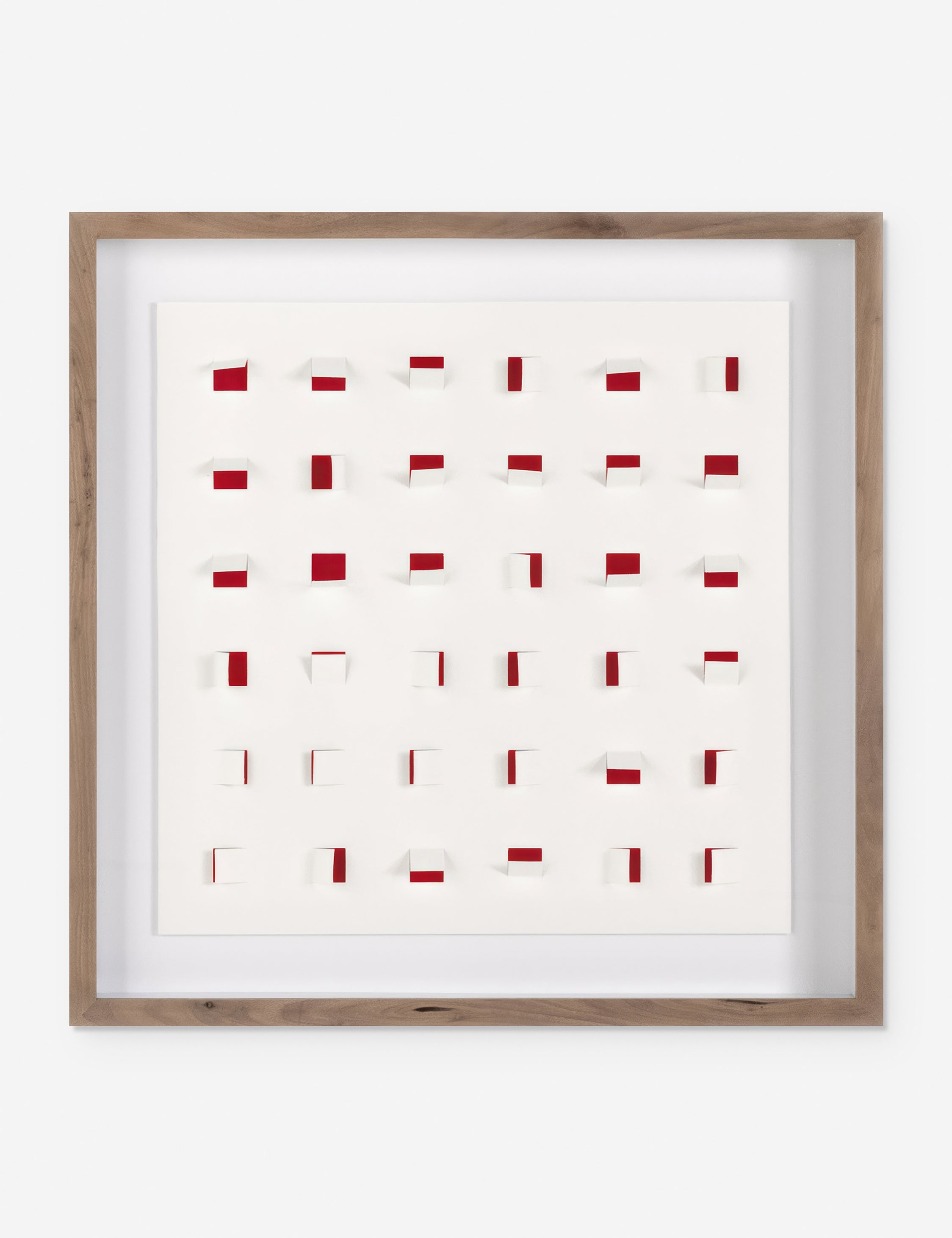 #color::cherry-and-white #size::24--x-24- | See Through small cherry red and white wall art featuring square paper cutouts with flaps on a linen backdrop