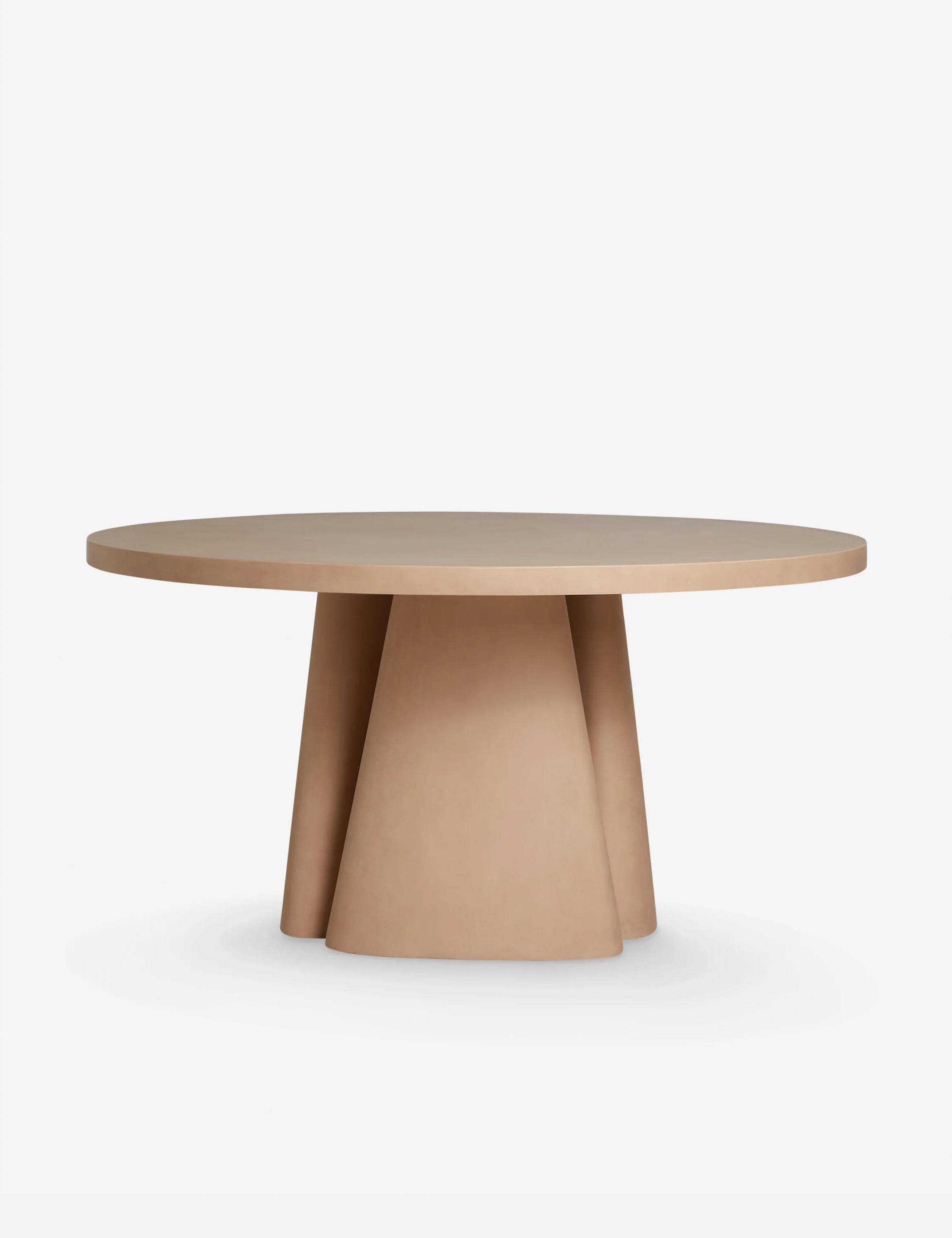 #color::terracotta | Side profile of the Keating sculptural round fiberstone outdoor dining table.