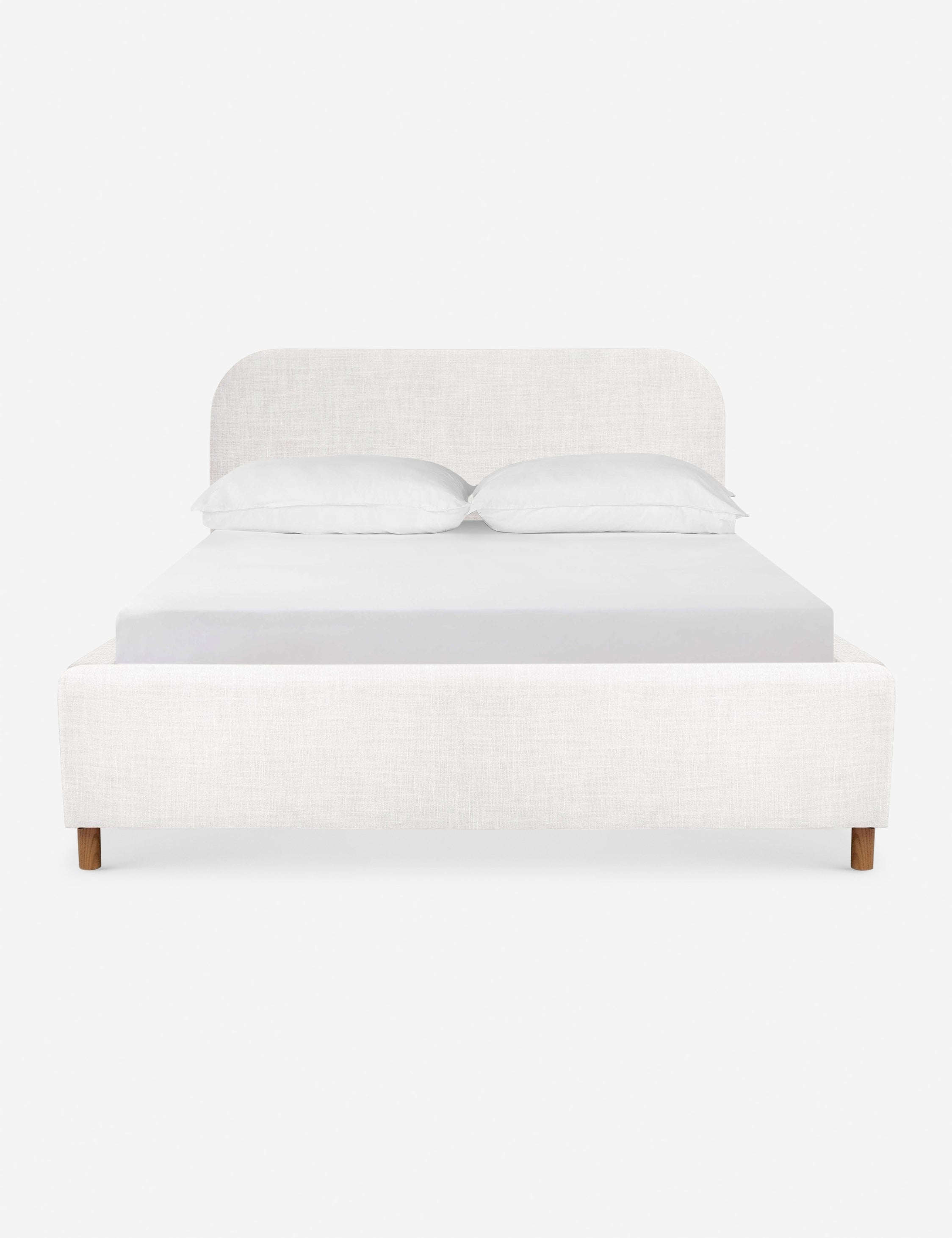 #size::queen #size::king #color::white #size::cal-king | Solene White linen platform bed with an arched headboard and oak wood legs